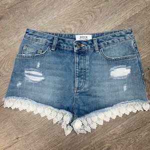 Miss Selfridge Denim with Lace Hem Jean Shorts